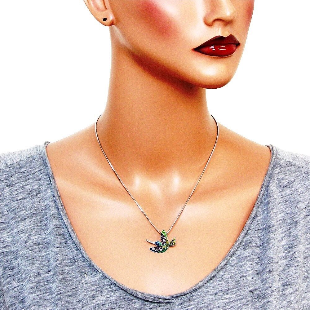 Silver Tone Multicolor Enameled Hummingbird Pendant Necklace 17" Chain Bird
