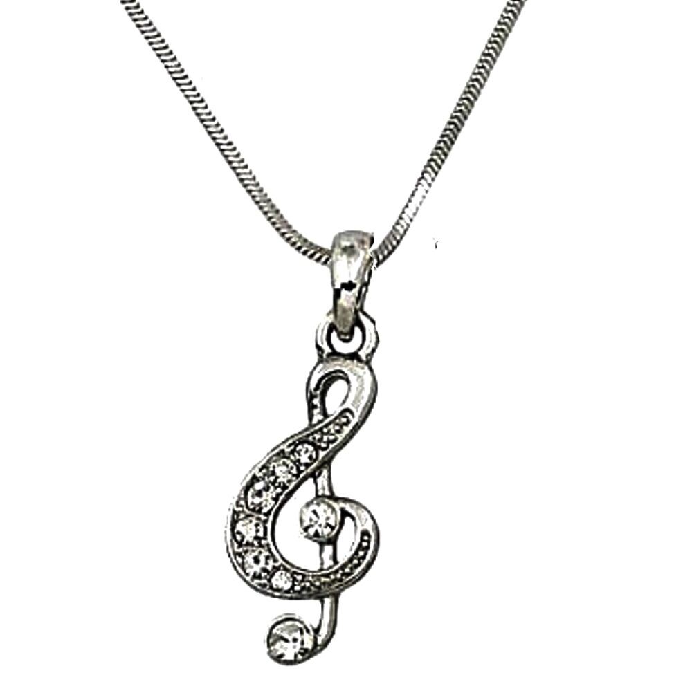 Silver Tone Clear Crystal Treble G Clef Music Note Necklace and Earrings Set