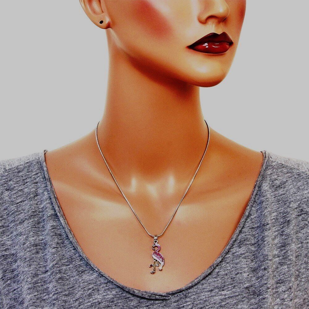 Silver Tone Pink Flamingo Pendant Necklace 17" Chain Gift Boxed Fast Shipping