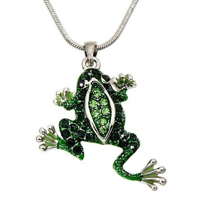 Cute Emerald Green Frog Pendant Necklace 18" Chain Rhodium Plated Gift Boxed