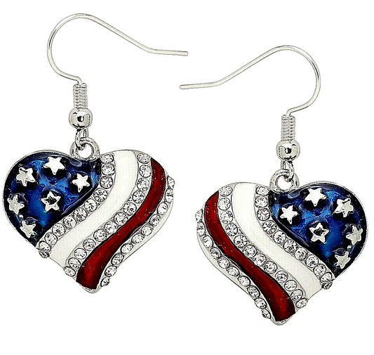 Heart Earrings Dangle Red White Blue American USA Flag  with a Gift Box