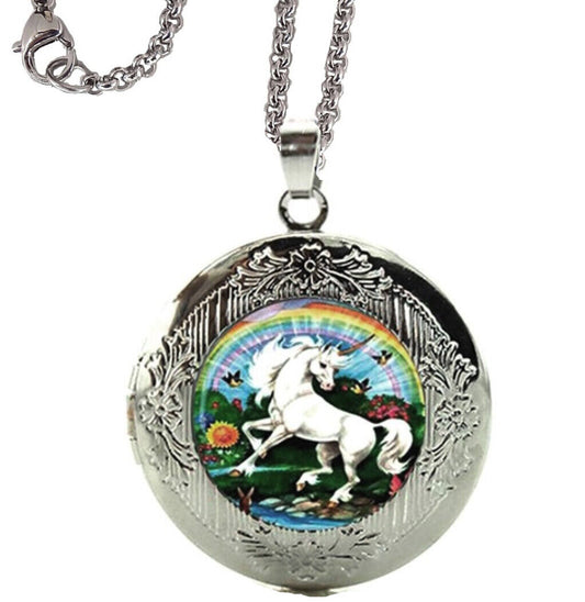 Unicorn Horse Rainbow Locket Pendant Necklace with 24" Stainless Steel Chain