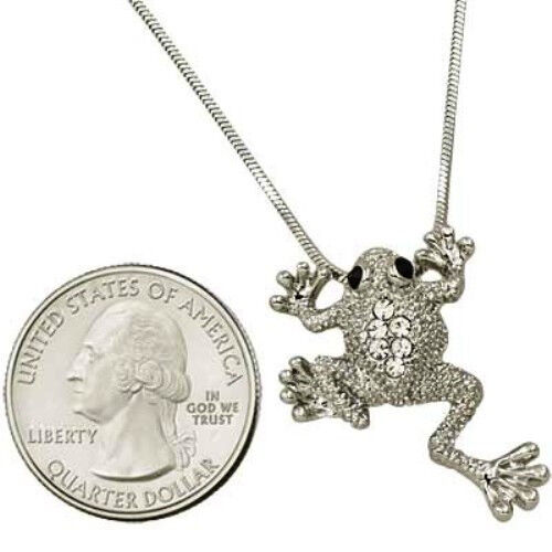 Adorable 3D Little Frog Pendant Necklace Clear Crystals on 18" Chain Gift Boxed