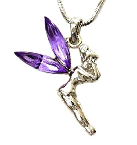 Disney Tinkerbell Fairy Purple Crystal Wing Pendant and Necklace Rhodium Plated