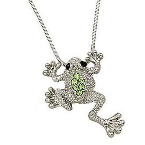 Little Frog Pendant Necklace Green Crystals Rhodium Plated Gift Boxed
