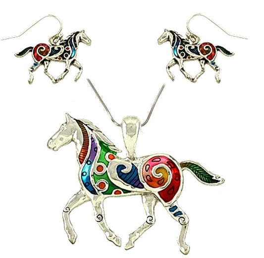 Colorful Horse Pendant and Earrings Set with 24" Chain Gift Boxed Fast Shipping