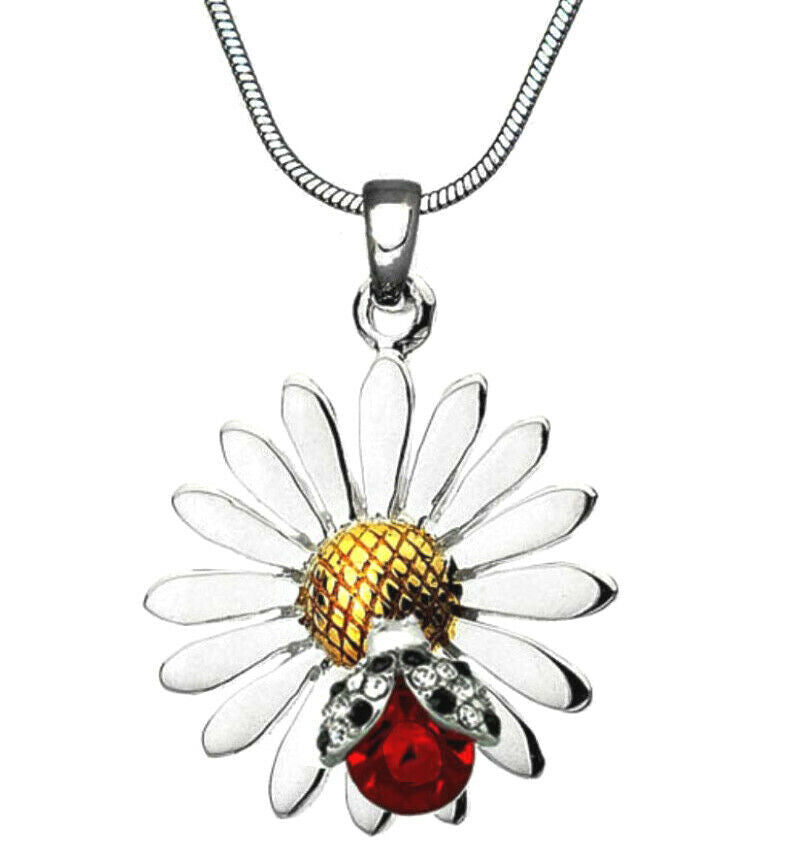 Beautiful Daisy Flower Ladybug and Butterfly Pendant Necklace 17.5" Chain