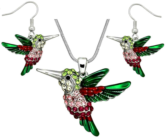 Crystal Bird Hummingbird Pendant Necklace and Earring Set Gift Boxed