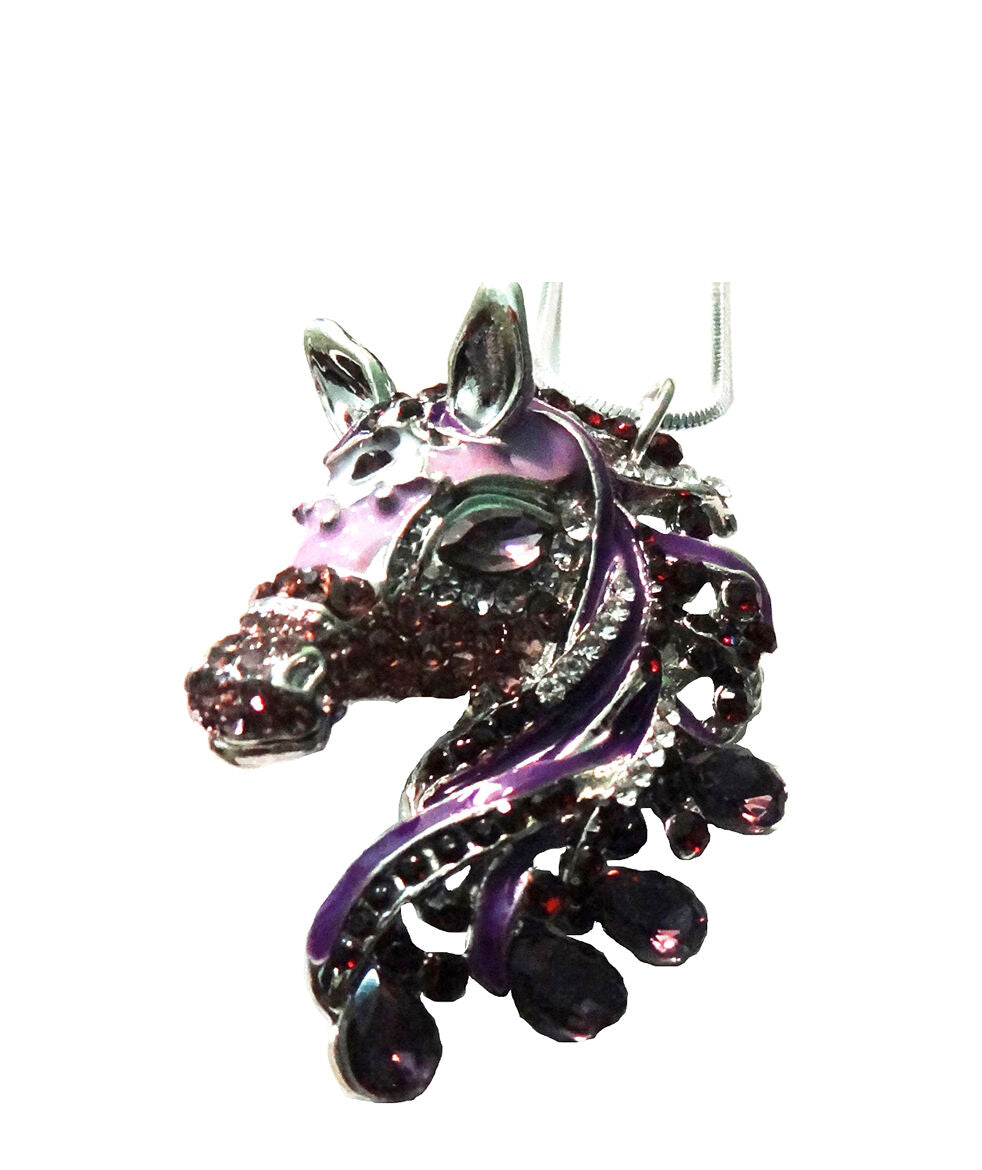 Horse 3D Pendant and Necklace with 21" Chain Purple Amethyst Crystal Gift Boxed