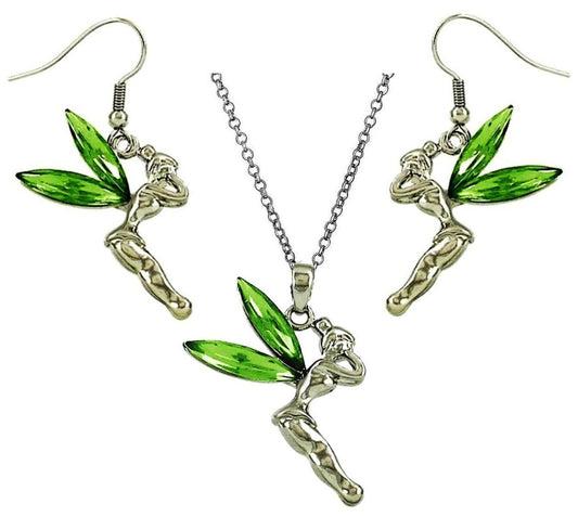 Tinkerbell Fairy Pendant Necklace & Earrings Set Green Crystal Tinker Bell