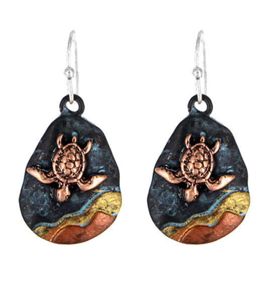 Sea Turtle Earrings Dangle Metal Casting Patina Copper Finish Fast Shipping