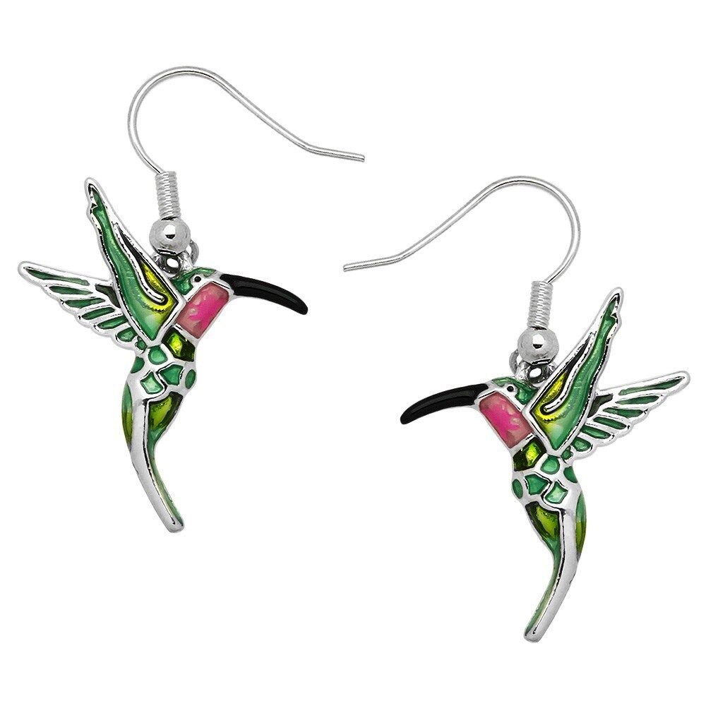 Green and Pink Hummingbird Bird Earrings Enameedl Gift Boxed Fast Shipping