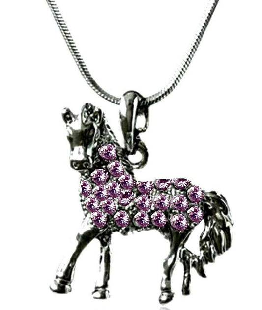 Adorable Pony Horse Pendant Necklace Purple Amethyst Color Crystals & Gift Box