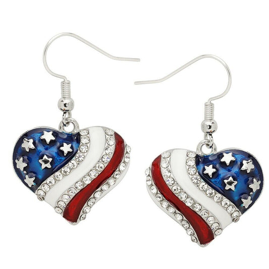 Patriotic Red White Blue American USA Flag Heart Dangle Drop Earrings & Gift Box