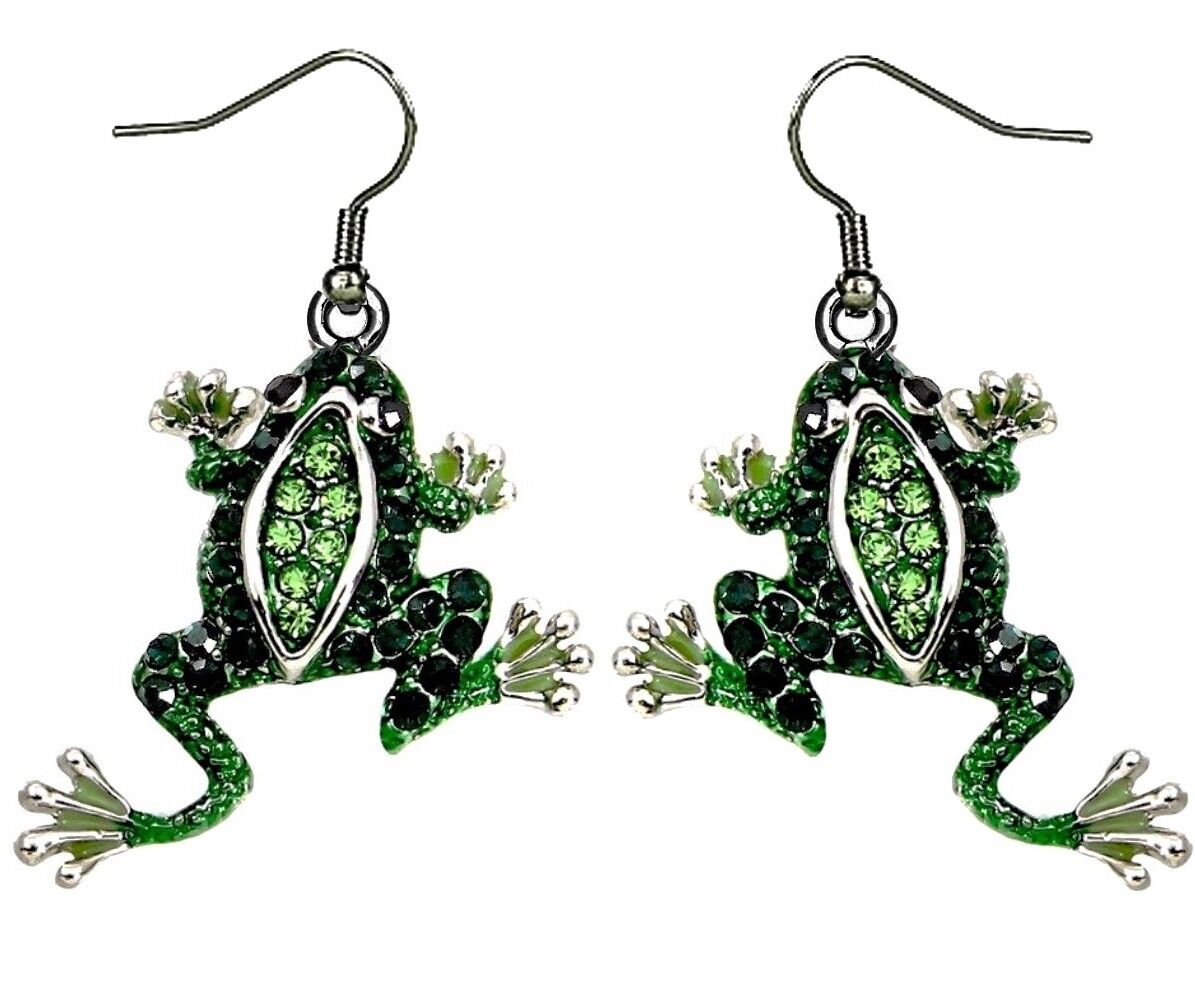 Beautiful Frog Earrings Green Crystals Gift Boxed Fast Shipping