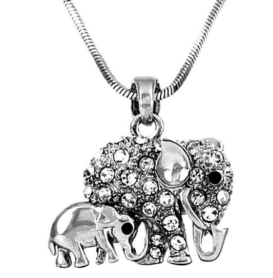 Adorable Elephant Mom and Baby Pendant Necklace Rhodium Plated Gift Boxed