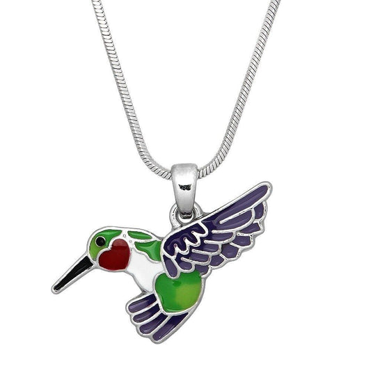 Silver Tone Enameled Hummingbird Charm Pendant Necklace 17" Chain Bird Theme
