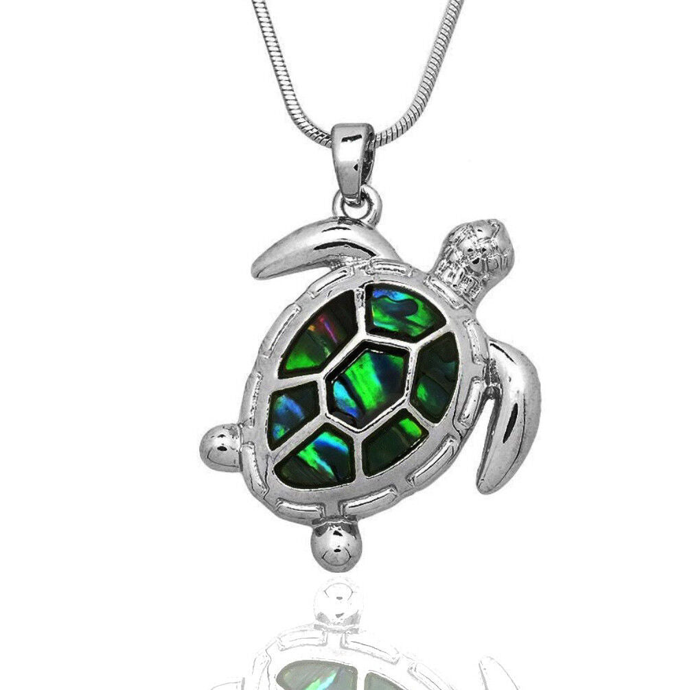 Silver Tone Abalone Sea Turtle Pendant Necklace 17" Chain Gift Box Fast Shipping