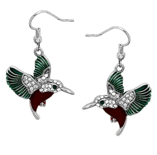 Silver Tone Hummingbird Bird Earrings Hand Painted Gift Boxed Fast Shipping