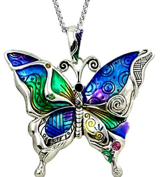 Large Enameled Butterfly Pendant Necklace with 24" Stainless Steel Chain