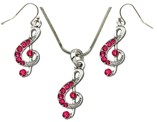 Silver Tone Pink Crystal Treble G Clef Music Note Necklace and  Earrings Set