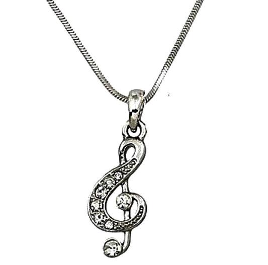 Silver Tone Clear Crystal Treble G Clef Music Note  Necklace Fast Shipping