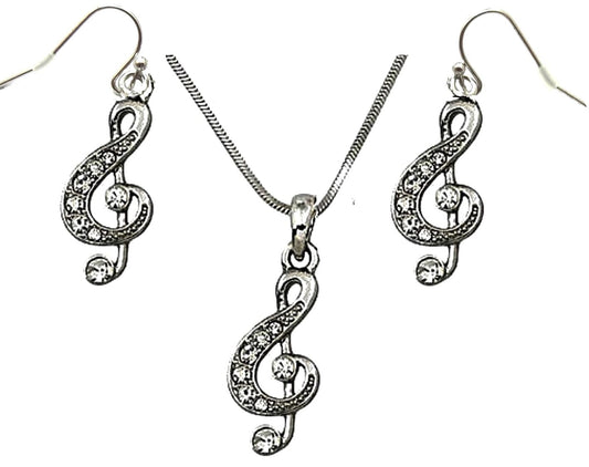 Silver Tone Clear Crystal Treble G Clef Music Note Necklace and  Earrings Set