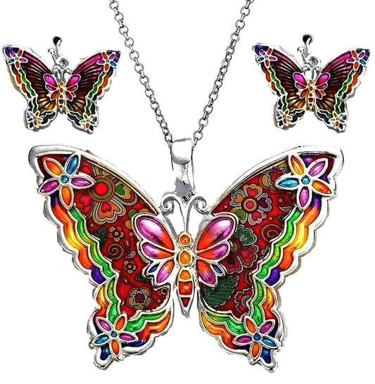 Beautiful Large Enameled Butterfly Pendant Necklace and Earrings Set 24" Chain
