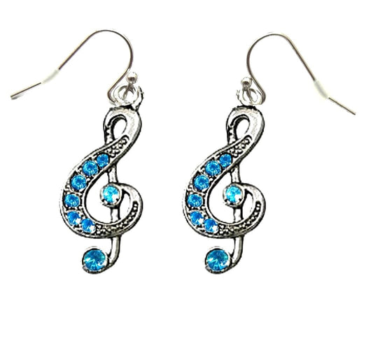 Silver Tone Blue Crystal Treble G Clef Music Note Earrings Fast Shipping