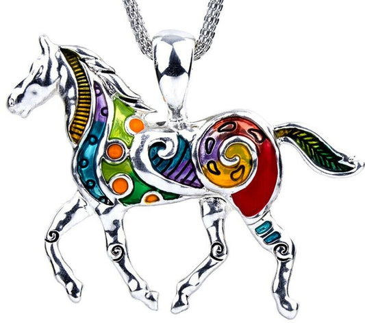 Large Colorful Enameled Horse Pendant Necklace on 20" Stainless Steel Mesh Chain