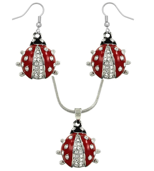 Silver Tone Ladybug Pendant Necklace and Earrings Set Lady Bug Fast Shipping