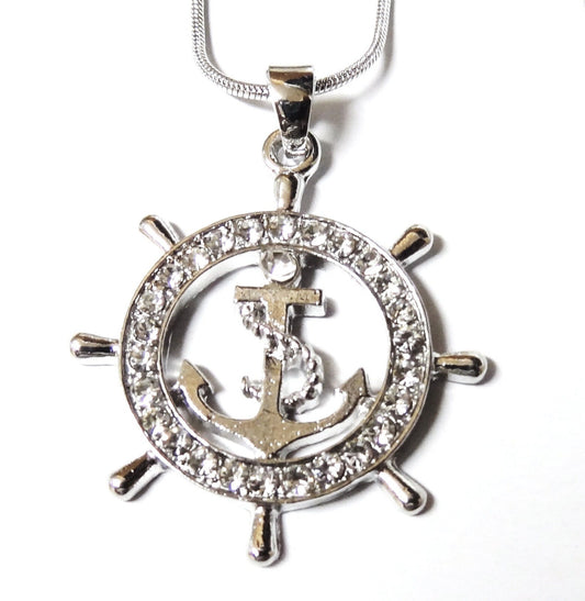 Beautiful Nautical Ship Wheel and  Anchor Necklace  Rhodium Plated Gift Boxed