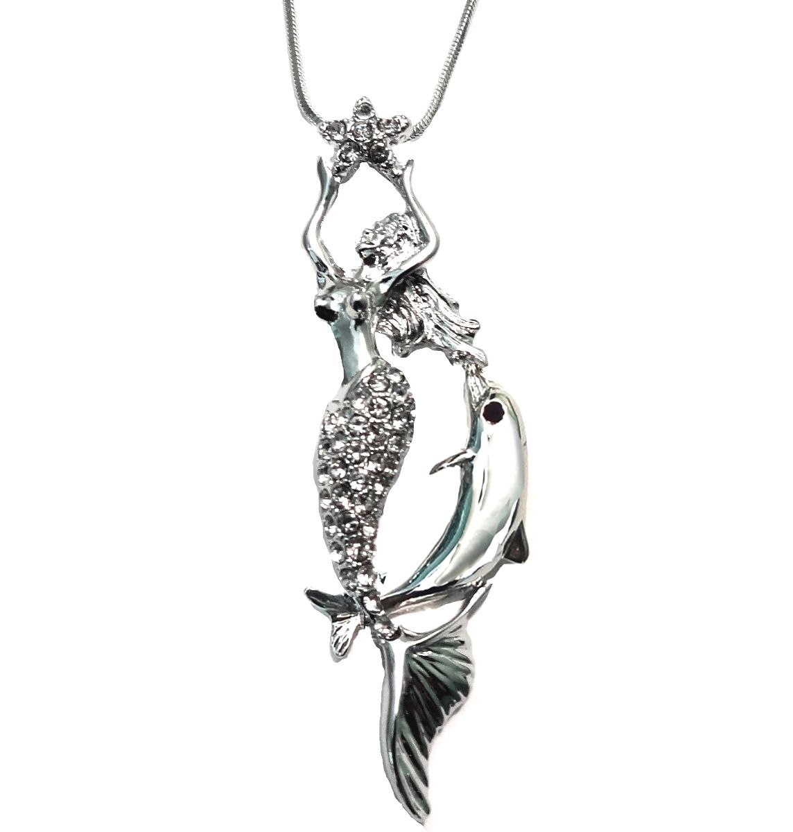 Fairy Mermaid and Dolphin Necklace Clear Crystals Rhodium Plated Fast Shipping