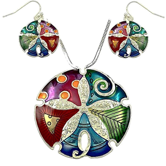 Gorgeous Large Enameled Sand Dollar Pendant Necklace  and Earrings Set 24" Chain