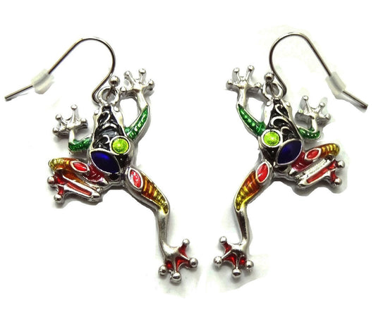 Beautiful  Enameled Frog Earrings  Rhodium Plated Gift Boxed Fast Shipping