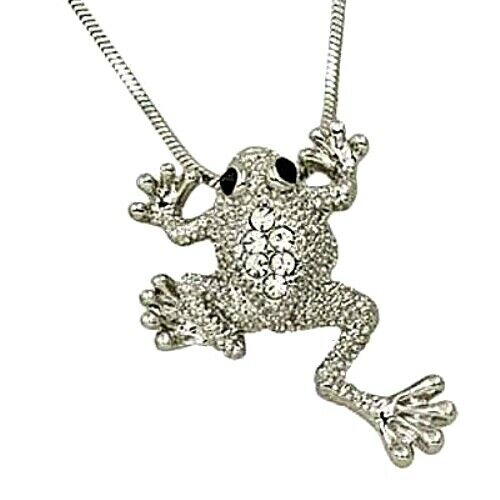 Adorable 3D Little Frog Pendant Necklace Clear Crystals on 18" Chain Gift Boxed