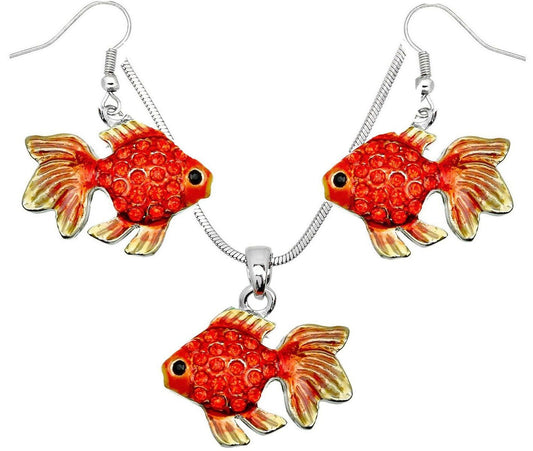 Beautiful Crystal Goldfish Necklace and Earrings Set 18" Chain Fast Shipping
