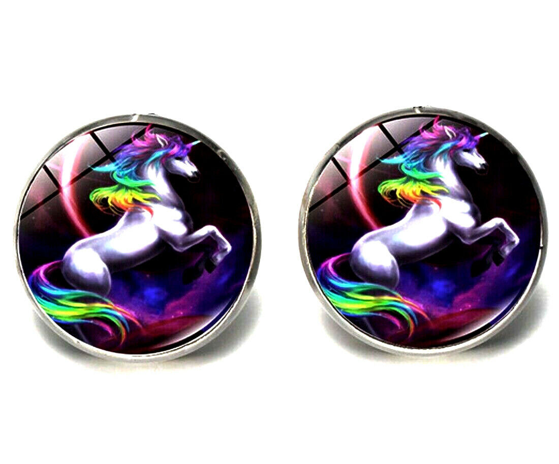 Silver Tone Unicorn Rainbow Horse Earrings Stud Gift Boxed Fast Shipping