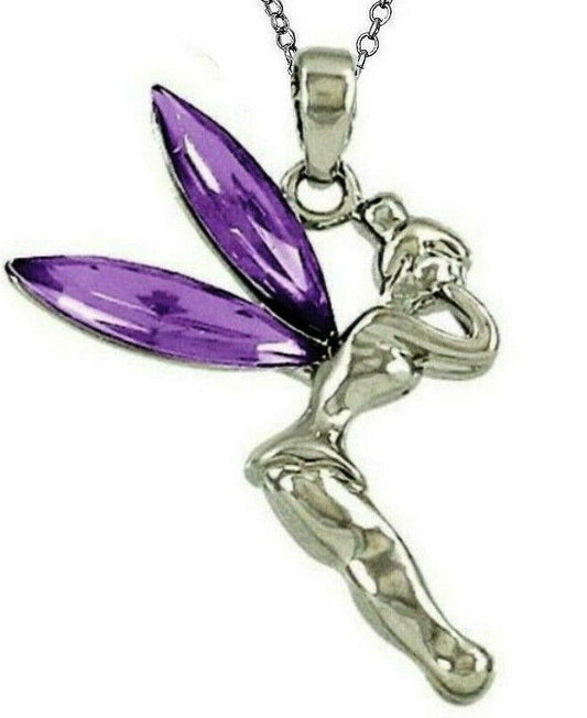 Disney Tinkerbell Fairy Pendant and Necklace Purple Crystal Wings 18" Chain