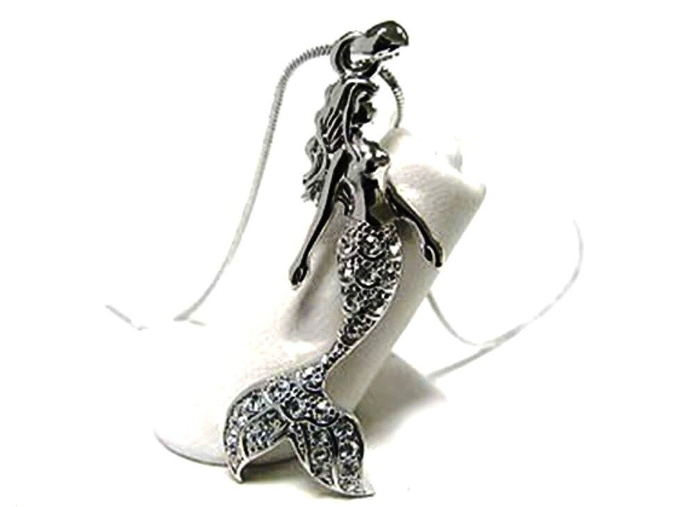 Silvertone Mermaid Pendant Necklace Clear Crystals Rhodium Plated Fast Shipping