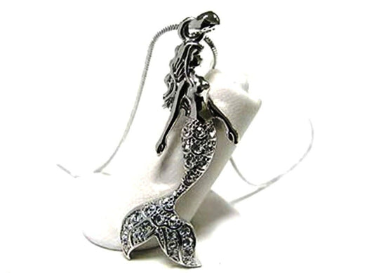 Silvertone Mermaid Pendant Necklace Clear Crystals Rhodium Plated Fast Shipping