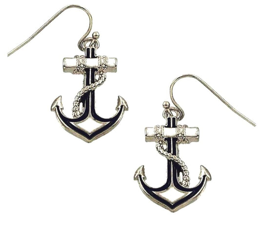 Silvertone Nautical Anchor Earrings Navy Blue and White Gift Boxed Fast Shipping