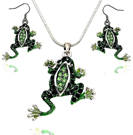 Adorable Green Frog Pendant Necklace and Earrings Set with 21" Chain Gift Boxed