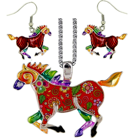 Colorful Large Horse Pendant Necklace & Earrings Set 24" Stainless Steel Chain