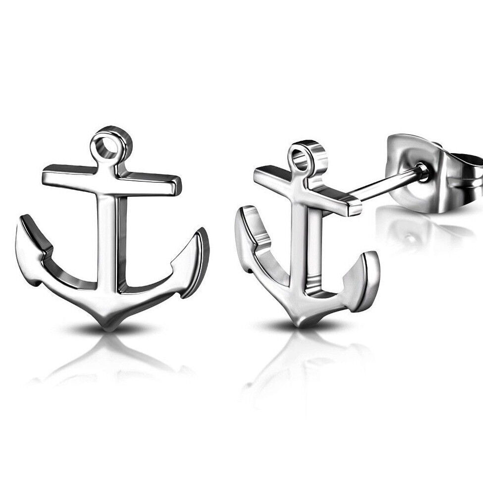 Stainless Steel Silver Nautical Marine Anchor Stud Earrings Fast Shipping