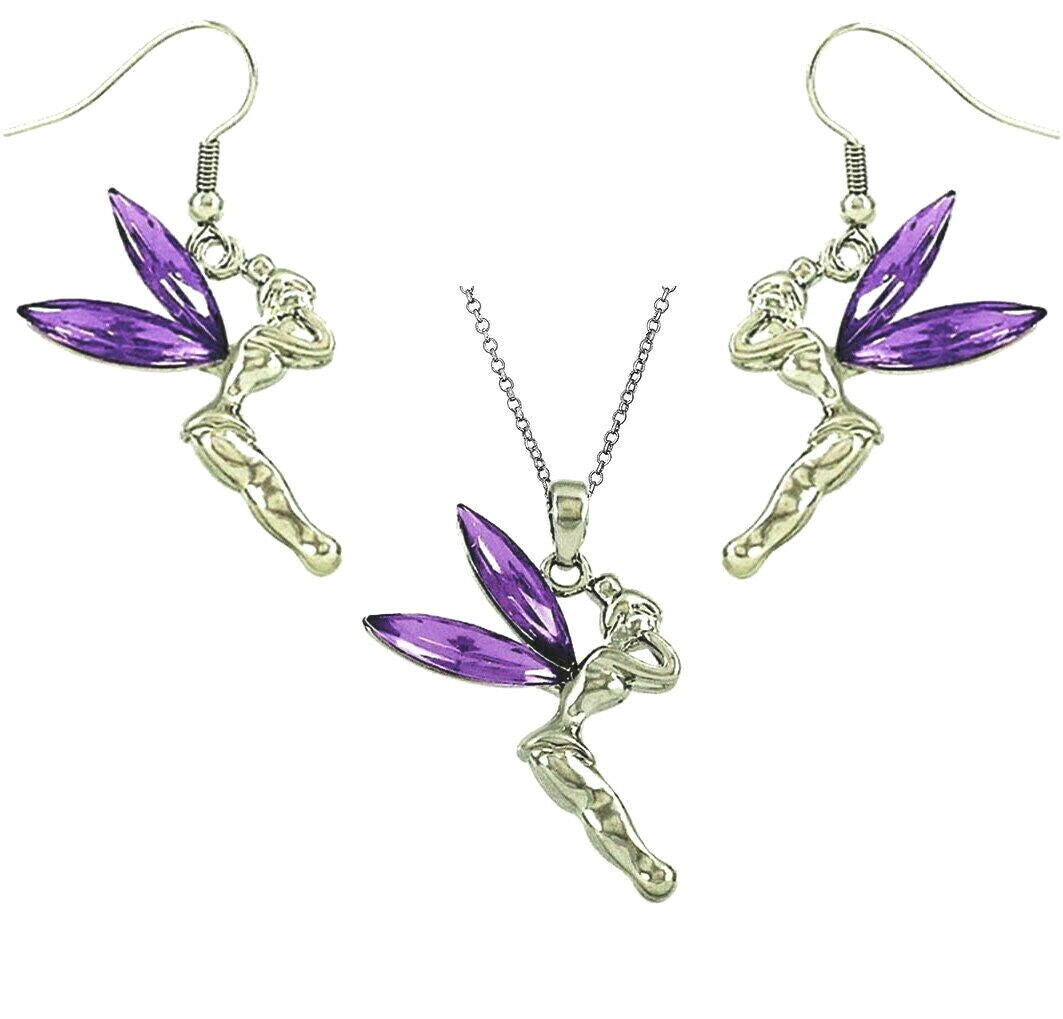 Tinkerbell Fairy Pendant Necklace & Earrings Set Purple Crystal Tinker Bell
