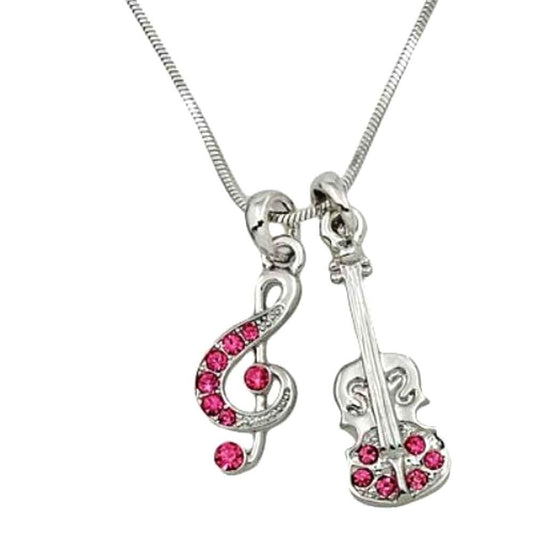 Music Treble G Clef Note and Violin Charm Pendant and Necklace Pink Crystal