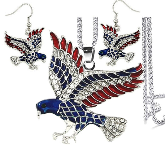 Silvertone Eagle Necklace and Earring Set American Flag Color 24" Steel Chain