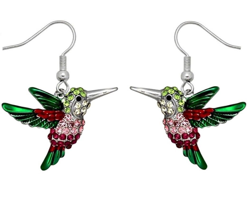 Gorgeous Hummingbird Pendant Necklace and Earrings Set 21" Chain Bird Theme