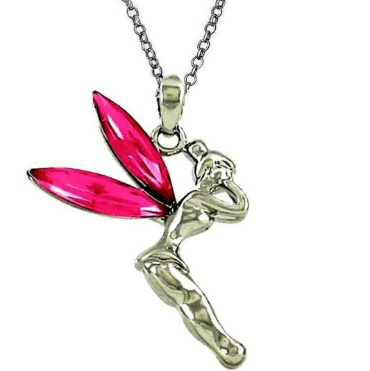 Tinkerbell Fairy Pink Crystal Pendant Necklace Tinker Bell 18" Stainless Chain